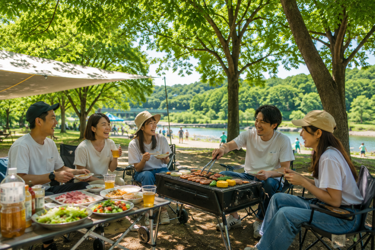 木陰で夏の団体バーベキューを快適に楽しんでいる様子